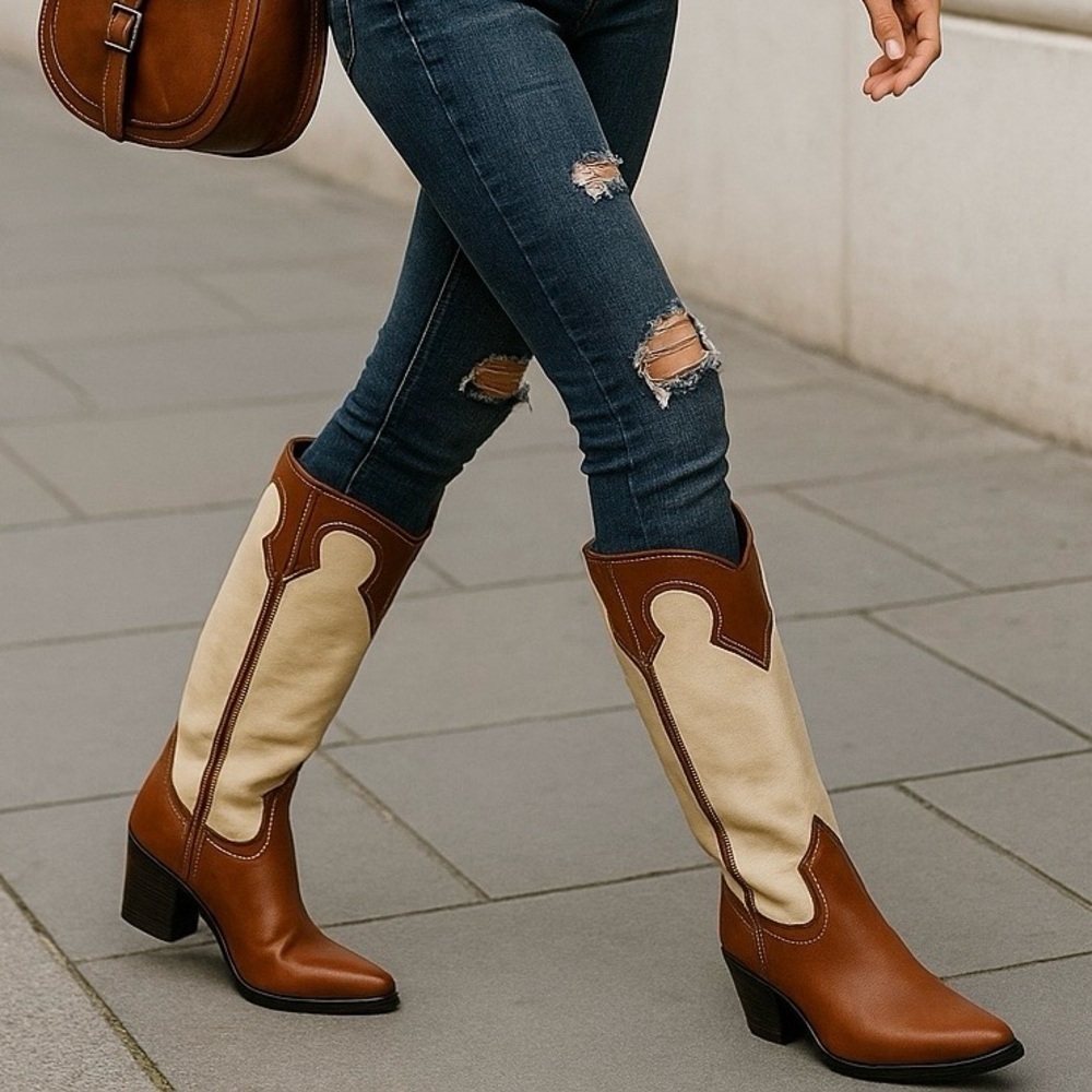 Zodiac Dawson Brown & Cream Vegan Cowgirl Boots – Size 6M New In Box